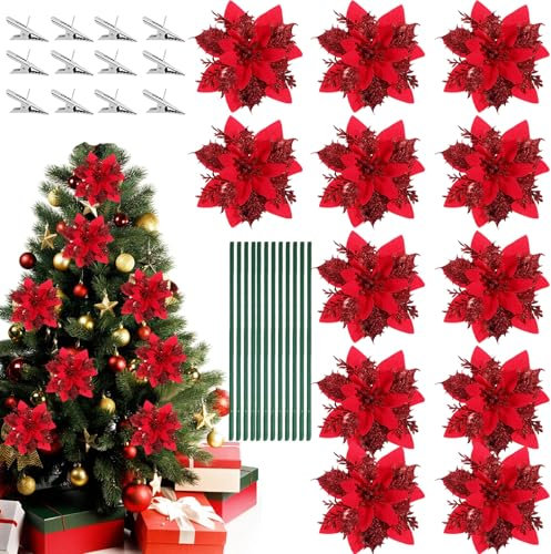 Weihnachten Glitzer Weihnachtsstern Künstliche Blumen, 12 Stück Weihnachten Blumen Glitzer Künstliche Weihnachtsstern, Weihnachtsstern Deko Blumen, Weihnachten Blumen mit 12Pcs Vorbauten und Clips