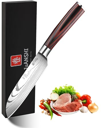 JUANSHI® Couteau Santoku 13 cm – Couteau de chef en acier inoxydable à haute teneur en carbone de qualité supérieure, extrêmement tranchant pour légumes ou viande, couteau de cuisine parfait pour les