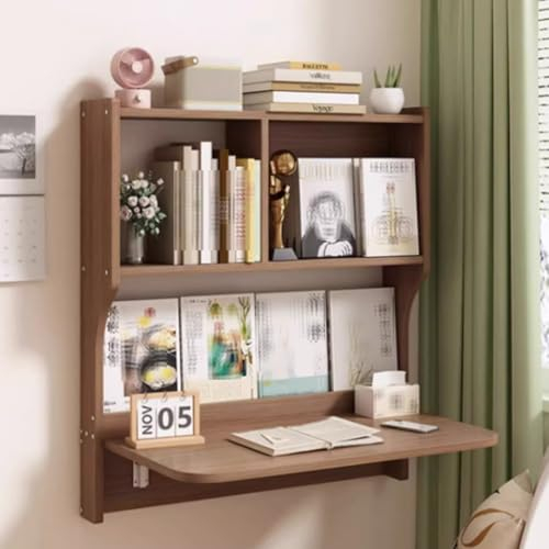 UPWONEC Klapptisch Aufgehängte Wand Montiert, Integrierter Studientisch Am Wandbett, Habe Home Schlafzimmer Holz Bücherregal, Großer Stauraum,Walnut