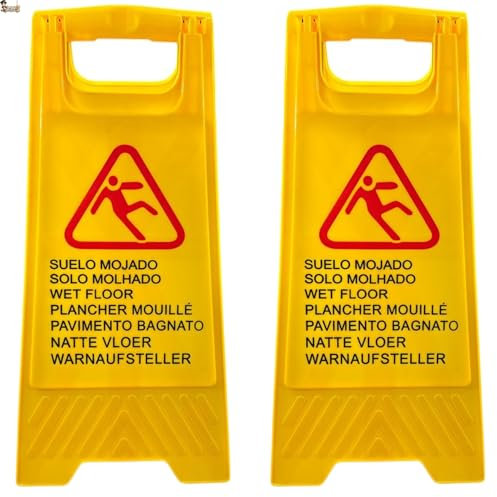 BricoLoco.com Cartel señal suelo mojado. ¡Pack 2 uds.! Advertencia peligro de suelo mojado, húmedo, fregado, deslizante o resbaladizo. Texto multilingüe en español más 6 idiomas (2)