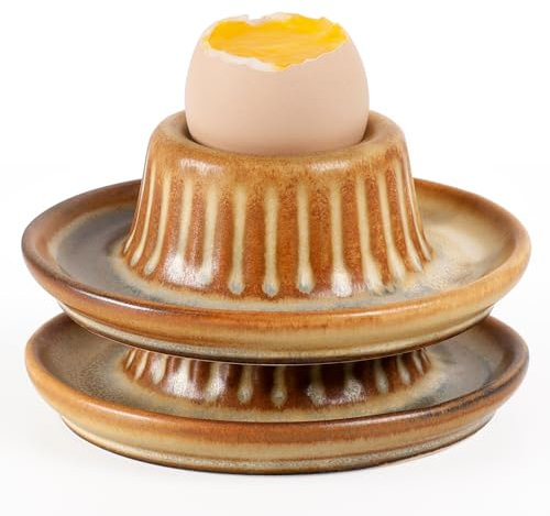 Autumnlife Egg Cups Set of 2, Porcelain Egg Holders with Saucer, Boiled Egg Stand Plates for Soft and Hard Boiled Eggs, Ideal for Breakfast, Home Dining and Easter, Brown
