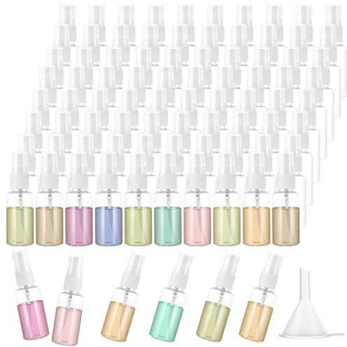 MIVIDE 100 botellas de spray pequeñas de 30 ml, transparentes, vacías, mini atomizadores, botellas de plástico con embudo para perfume, viajes