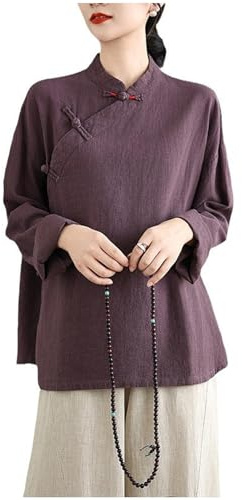 DAYKET Damen Kung-Fu-Anzug aus Baumwolle und Leinen, Chinesische Kampfkunst-Uniform, Meditationsanzug, Langärmeliges Hemd und Hose,Purple-L