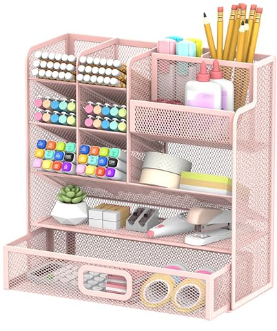 SUPEASY Mesh Pen Holder Desk Organiser, Multi-Function Pen Organiser with Drawer, Cute Desk Organisers and Accessories for Office Supplies(pink)
