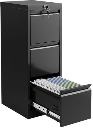 RBFGYIOP Aktenschrank Abschließbar, Büroschrank Metall Mit 3 Schubladen, Büromöbel Für A4, Letter Und Legal Dokumente, Anti Kipp Sicherheit, Große Stauraum, Schwarz 38 x 45 x 103 cm