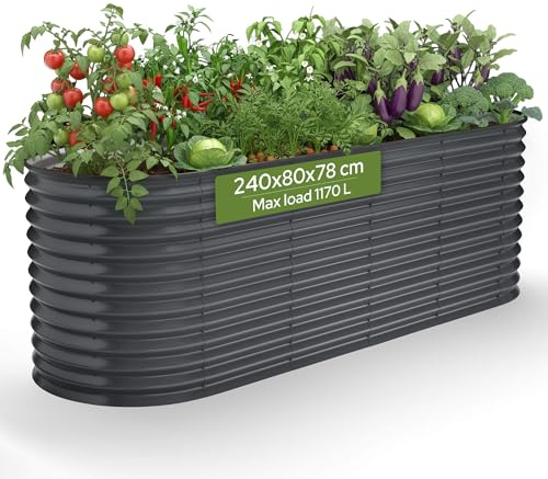 Arebos Hochbeet oval Metall 240x80x78 cm Anthrazit | Gartenbeet verzinkter Stahl rostfrei mit Gummikante 1170 L, Stabil mit Querstreben | Gemüsebeet ideal für den Garten | für Gemüse, Kräuter & Blumen