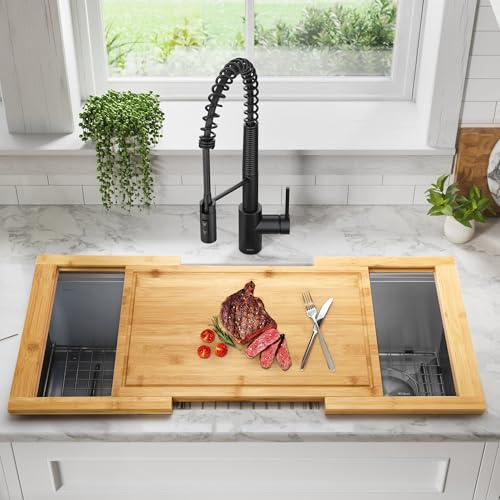 ZQFHSX Tabla de Cortar Extensible de bambú para sobre el Fregadero con Ranura para jugos para Cocina, Cubierta de Madera para Cocina, Espacio para Cortar en la encimera