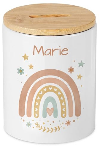 Personalisierte Spardose Mädchen mit Wunschname Boho Regenbogen Sparschwein als schönes Geldgeschenk zur Taufe, Geburtstag, Einschulung