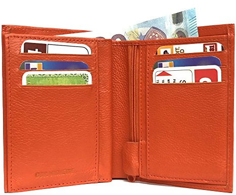 LOLUNA® Petit Portefeuille Classique en Cuir Vachette, Souple et Compact, 2 Volets Pratique pour Placer permis - identité - Cartes - Billet - Monnaie - Idée Cadeau pour Homme et Femme - Orange