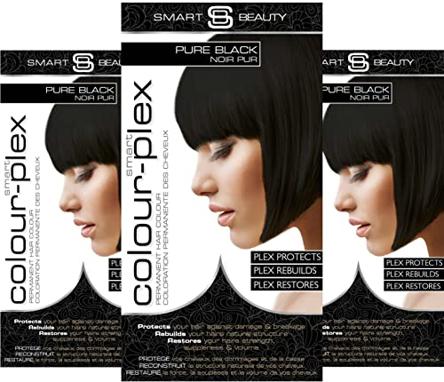 Reines Schwarz permanente Haarfarbe mit Anti-Haarbruch Plex Haarpflege, vegane Haarfarbe & ohne Tierversuche, 100% Grauabdeckung, natürliche schwarze Haarfarbe, alle Haartypen. Smart Beauty (3er-Pack)