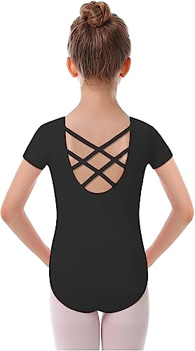 MdnMd Black Leotards for Girls Kids Dance Ballet Gymnastic Outfit Short Sleeve Leotard with Cross Back (Black, Age 6-7)