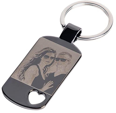 Porte Clef Rectangle avec Gravure Photo et Texte – Coeur ajouré sur ce Porte Clef Original - Porte clé en Acier argenté Personnalisable gravé Photo et Texte