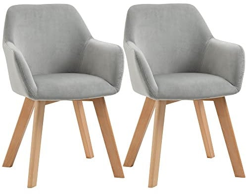 HOMCOM Pack de 2 Sillas de Comedor Modernas Sillas de Cocina Tapizado en Terciopelo con Respaldo Reposabrazos y Patas de Madera Carga 120 kg para Salón Dormitorio 54x57x80 cm Gris