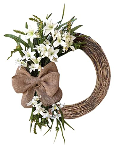 Türkranz Ostern Osterdeko Osterkranz Haustür Kranz mit Leinen Schleife Jesus Christus Kreuz Lily Deko Türkranz Ganzjährig Türkranz Frühling Tür Deko Ostern Deko Frühlingskranz Tischkranz Tischdeko