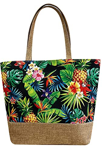 crazy bean Große Strandtasche Drucke mit Reißverschluss Shopper Tasche Damen Tote Bag Reisen Einkaufen Alltag Blaue und Grüne Ananas Einheitsgröße