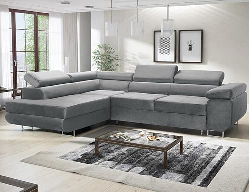 ML Furniture Ltd Avatar Velvet Ecksofa in L-Form 277 x 73 x 203 cm mit Schlaffunktion und Bettzeugbehälter - Schlafsofa mit Bettkasten - Eckcouch mit Stauraum - Rechts - Farbe: Monolith Grau (MO84)