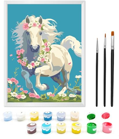Zimrobin Peinture Numero Enfant 5 6 7 ans, au Numero d’art Peinture Enfant-Kit Peinture Enfant Comprend des Peintures Acryliques Cadre Photo et des 3 Pinceaux,18 x 24 cm (Poney dans les fleurs)