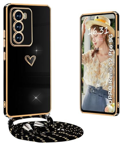 Yutwo Funda OPPO Reno 12 Pro 5G con Cuerda, Fundas OPPO Reno 12 Pro 5G con Colgante Patrón de Love Suave Carcasa Antigolpes Funda, Negro