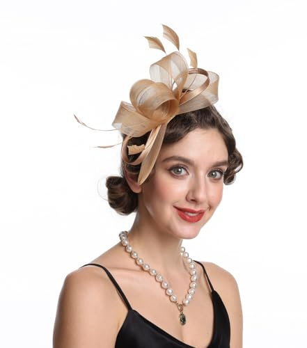 Sinamay Fascinator mit Blumenfedern, Kopfbedeckung, für Hochzeit, Party, Hochzeit, Cocktail, Teeparty, Derby-Hut für Damen, B4-Khaki, M