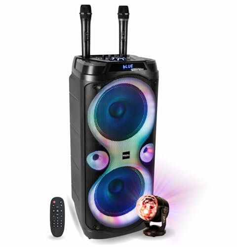 Ibiza Sound - Pack Karaoké Enceinte USB Bluetooth TWS 1000W Columba-Karaoke - 2 Micros sans Fil - Boule Disco RGB - Enfant Fête Soirée