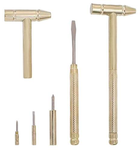 OUDQFCJ Martillo pequeño 6 en 1, mini martillo de metal portátil multiherramienta con destornillador Phillips de cabeza plana y martillo de garra, herramientas multifuncionales (dorado)
