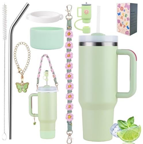 Sanilinwild 40 oz Tumbler Insulated Mug w/Straw & Flip Cap Lids - Cup Holder Bottle with 6 Accessories Set for Hot, Cold Drink - Leak-Proof - Water, Coffee Portable Travel Mug (Apple Green)