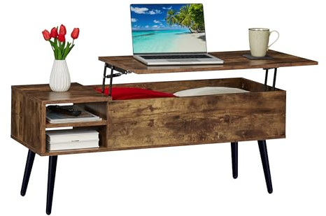 Relaxdays lift-top coffee table with storage, HxWxD: 46x100x40 cm, 2 side pockets, industrial design, brown/black
