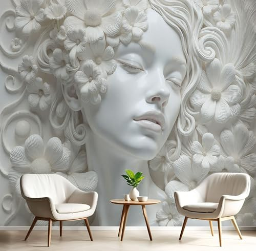 Fototapete Blumen Frau Tapete 3D Gipsrelief Fototapeten 3D Effekt Tapeten Weiß Wandtapete Für Wohnzimmer Schlafzimmer Motivtapeten Poster Bilder Wand Deko, 150×150cm(B×H)