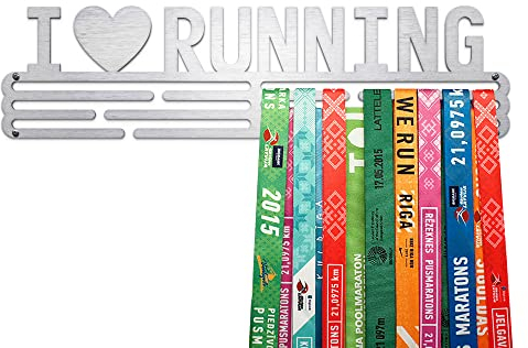 United Medals I Love Running Medaillenhalter Running Laufen für 48 Medaillen Aufbewahrung - Läufer Geschenk Marathon Zubehör - Medal Holder Hanger Display Rack - gebürsteter Edelstahl