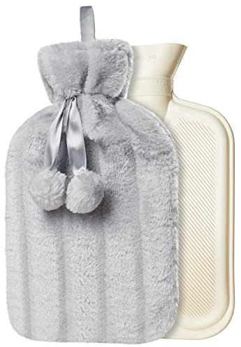 CityComfort Hot Water Bottle with Fluffy Faux Fur Cover, 2L (Light Grey)