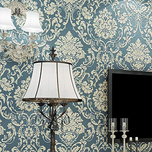 9.5X0.53M 3D Vintage Victorian 5 Colors Luxury Damask Embossed Flock Textured Non-Woven Wallpaper Roll for Bedroom Livingroom 1.73' W x 31.2' L=5.035㎡ (54sq.ft) (Blue)