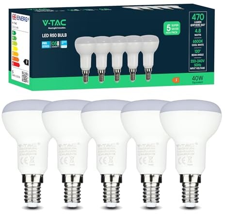 VTAC E14 LED Light Bulb, R50 Reflector Bulb Small Screw, 4.8W 470lm, 40W Equivalent, Cool White 6500K, SES LED Spotlight Bulbs Screw Fitting, 120° Wide Angle, Non-dimmable, Pack of 5 [Energy Class F]