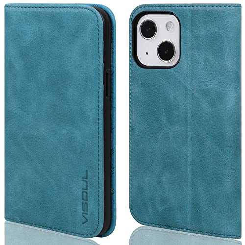 VISOUL Hülle für iPhone 13 Handyhülle Schutzhülle TPU [Erstklassiges Echtleder] [Kartenfach] [Magnet] [Standfunktion], Stoßfest Telefon Lederhülle Kompatibel mit iPhone 13 6,1 Blau