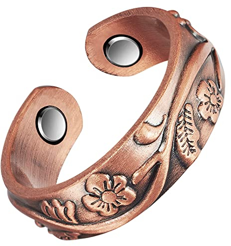 EnerCoppeX Magnetischer Damen-Ring aus reinem Kupfer, wunderschön graviertes Pflaumenmuster, 4 Magnete, frei verstellbar, Geschenkbeutel inklusive, Kupfer