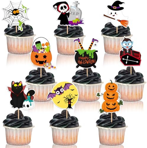 SANNIX 72 Stück Halloween-Cupcake-Topper – Kürbis-Fledermaus-Geister-Dekorationen für Geburtstagsparty, Kuchen und Lebensmitteldekoration