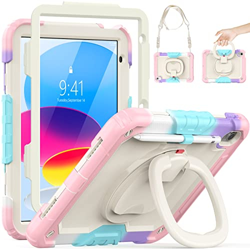 SEYMCY Funda para iPad de 10ª generación de 10.9 pulgadas 2022, a prueba de golpes con asa giratoria, soporte para lápices, funda para iPad 10 Gen a prueba de niños de 10.9 pulgadas, rosa
