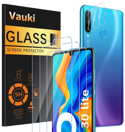 Vauki - Juego de 3 protectores de pantalla de cristal templado para Huawei P30 Lite/Nova 4e con cámara protectora de pantalla de 3 piezas, HD película protectora de pantalla, 9H dureza,