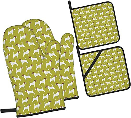 Oven Mitts And Pot Holders Sets 4 Piece,Jack Russell Terrier Non-Slip Heat Resistant Oven Gloves For Kitchen Cooking