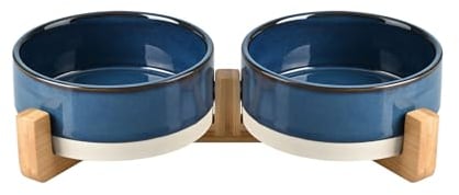 SPUNKYJUNKY Gamelle en céramique pour Chien et Chat avec Support en Bois, Ensemble d'eau Alimentaire lestée avec Vernis Brillant antidérapant (400 ML, Bleu Ciel étoilé x 2)