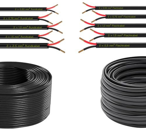 BK-PowerTCS Fahrzeugleitung Anhängerkabel Rot/Schwarz 2 Polig Adrig 0,50,0,75 1,0 1,5 2,5 mm² FLRYy Rund Flach 6-12 - 24 Volt KFZ Auto (METERWARE) (Flachkabel, 0,75 mm²)