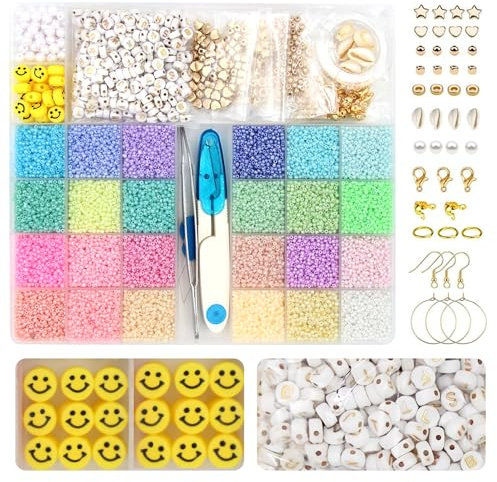 Perlen Für Armbänder - 3mm 12000+ Stück Perlen Set, Glasperlen mit Smiley-Gesichtern und AZ-Alphabet-Perlen zur Herstellung von DIY-Armbandschmuck Erwachsener zu Weihnachten,Geburtstage,Partys usw.