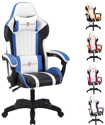 T-THREE.Ergonomic Leather Gaming Chair Height Adjustable with Headrest and Lumbar Support(Blue)