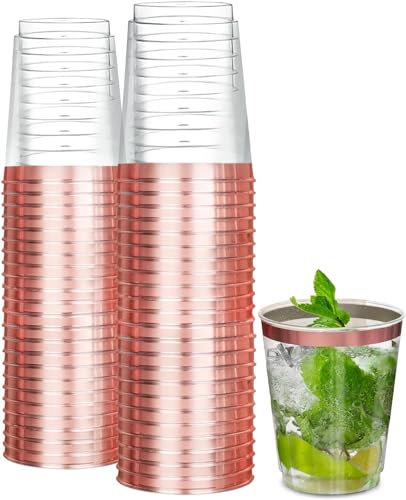 PIPITA Vasos de plástico duro de 355 ml, paquete de 50 vasos transparentes con borde de oro rosa de 360 ml, vasos reutilizables y elegantes para fiestas, juego clásico multiusos para reuniones y