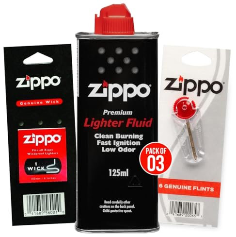 Zippo Lighter Fluid + 6 Zippo Flints + Zippo Genuine Wick | Windproof, Fast Ignition, Low Odour, Easy to Fill Nozzle,125ml Fuel Refill