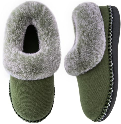 EverFoams Damen Bootie Hausschuhe Warm Weich Bequem Memoryschaum Rutschfeste Innen Pantoffeln mit flauschigem Kragen Waldarmee Grün, 37 EU