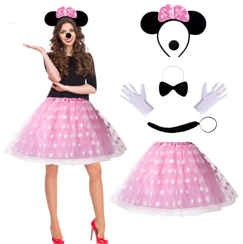 Puddry Minnie Mouse Kostüm, Mini Maus Karneval Fasching Tutu Tüllrock Set Mit Micky Maus Ohren, Handschuhe, Nase, Krawatten, Schwanz - Perfekt für Damen Halloween Cosplay