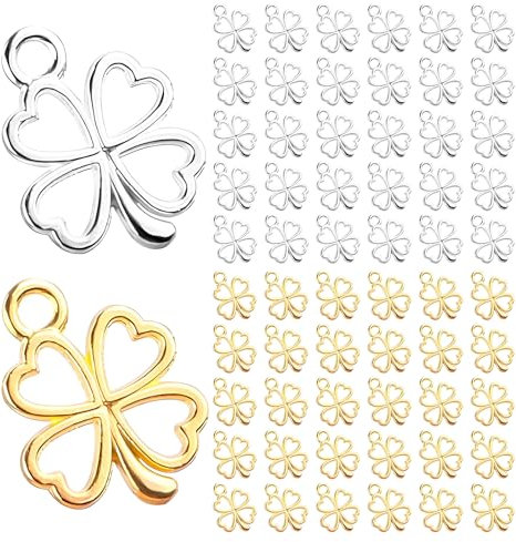 Cosswe Kleeblatt Anhänger, 60 Stück Glücksbringer Vierblättriges Kleeblatt Anhänger Metall Halsketten Zubehör DIY Basteln Schmuck Ornamente Autoschlüsselanhänger Glück Schlüsselanhänger