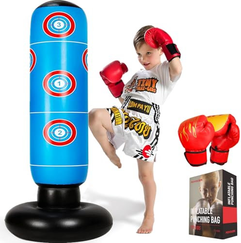 FOYOCER Sac de Boxe Enfant avec Gants de Boxe 160cm Gonflable Sac de Frappe pour Enfants 3-12 Ans Jouet d'exercice Amusant et Sûr pour Maison pour Garçons et Filles sans BPA 2024 Nouveau (Bleu)