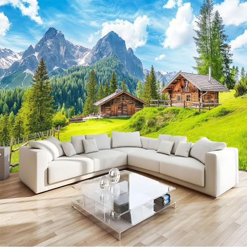 Fototapete Naturlandschaft Alpen Holzhaus Wiese 3D Effekt Vlies Tapeten Wandgemälde 350 x 256 cm Moderne Wanddeko Design Wandtapete Grün Wohnzimmer Schlafzimmer Büro Flur Wandgemälde