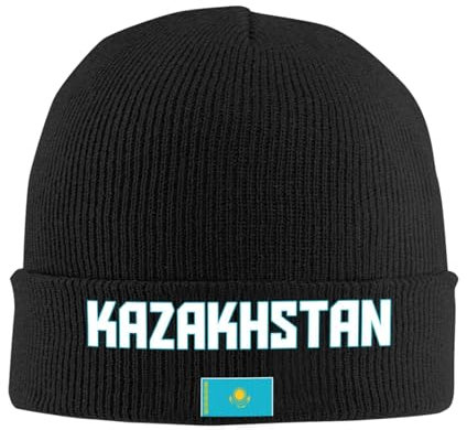 FAGIUCHI Kasachstan-Flagge, coole Winter-Strickmütze, Beanie-Mütze, Erwachsene, warme Kappen, Schwarz, Schwarz , 7 1/8-7 1/4